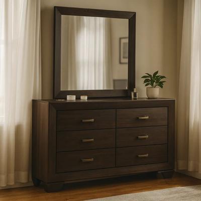 Benjara Bello Wide Dresser with Matching Mirror, 6 Drawers, Dark Cocoa Brown