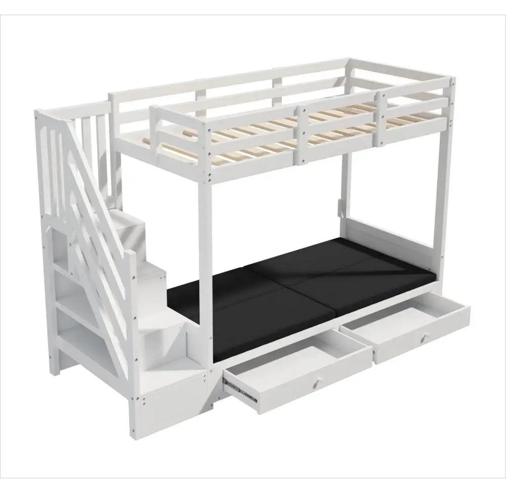 Kinder-Etagenbett - Multifunktionales Etagenbett 90 x 200 cm - Massivholz - Treppe - 2 Schubladen - Unteres Bett als Sofa nutzbar - Weiß