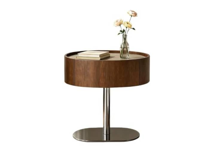 Q2f8o3h5 Nachttisch mit Staufach Ovaler walnussfarbener Nachttisch Massivholz-Randschrank aus Edelstahl
