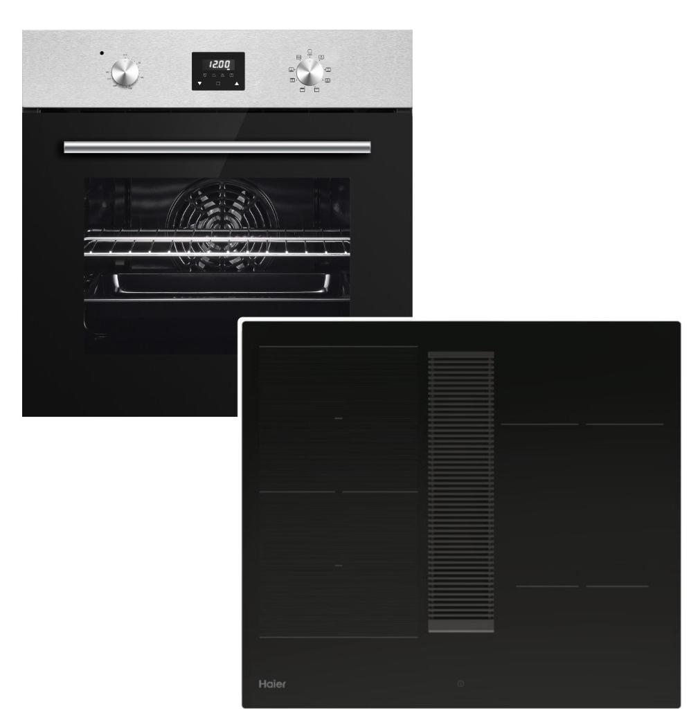 Herdset PKM Backofen 8 Funktionen Umluft ECO+ Haier Induktionskochfeld integrierter Dunstabzug Flex Zone Boost