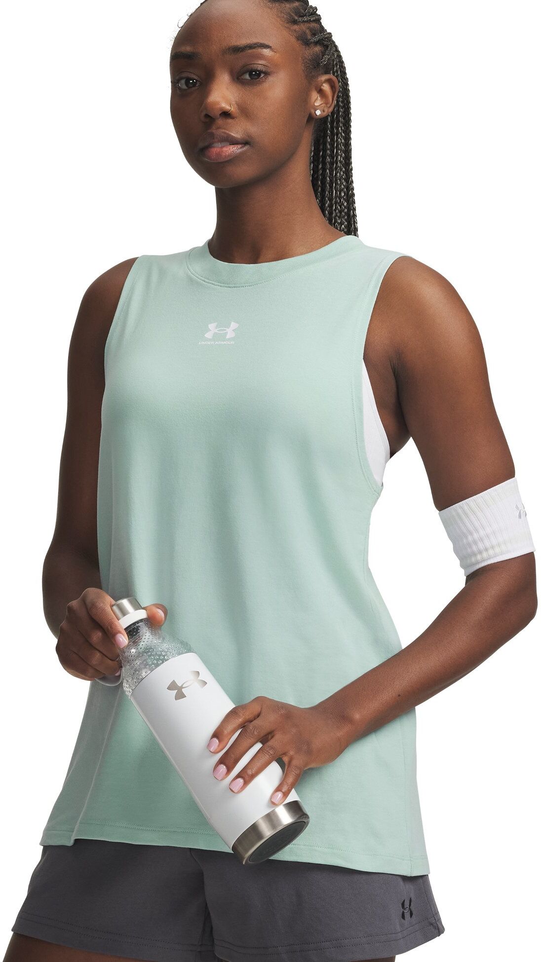 Trainingstop UNDER ARMOUR "UA RIVAL MUSCLE TANK", Damen, Gr. XXL, grün (enamel blau,, weiß), Obermaterial: 57% Baumwolle, 38% Polyester, 5% Elasthan, Rundhals, gerader Abschluss, Tops Trainingstop, ärmelloses Design, mit Logodruck enamel blau,, weiß XXL