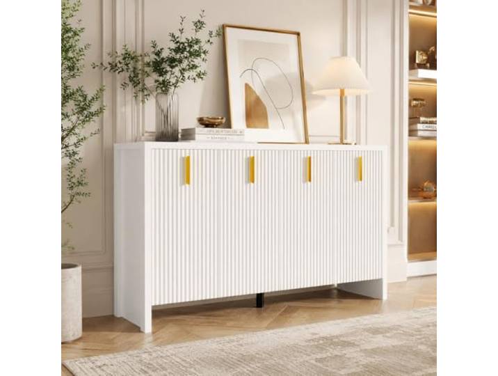 OLIVIBED Modernes Sideboard 140cm, Kommode mit 4 Türen und Verstellbare Einlegeböden, Küchenschrank mit Goldene Griffe, für Esszimmer, Wohnzimmer, Schlafzimmer, Flur, 140x80x38cm, Weiß (Weiß)