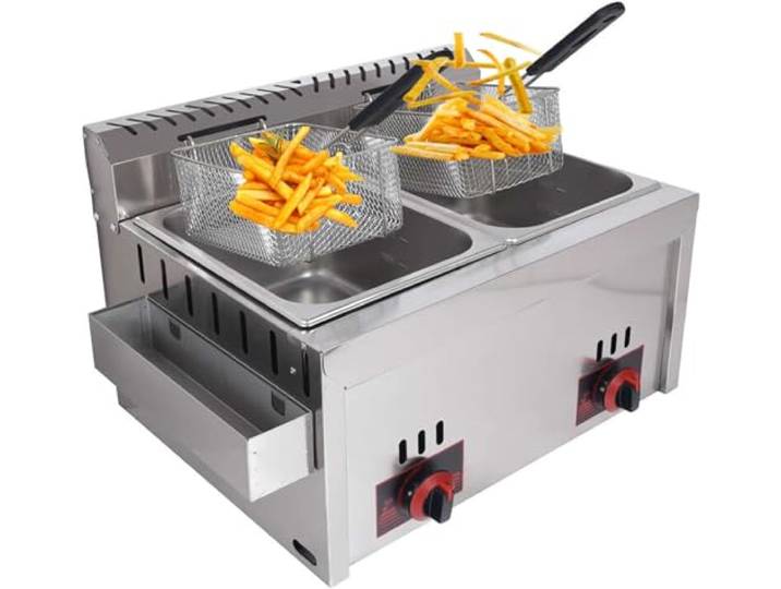 DJXLMN Professionelle Gasfritteuse 10 L x 2 mit Gewürztank aus Edelstahl – perfekt für kommerzielle Pommes Frites in einem Familienrestaurant, 2 Körbe für effizientes Kochen