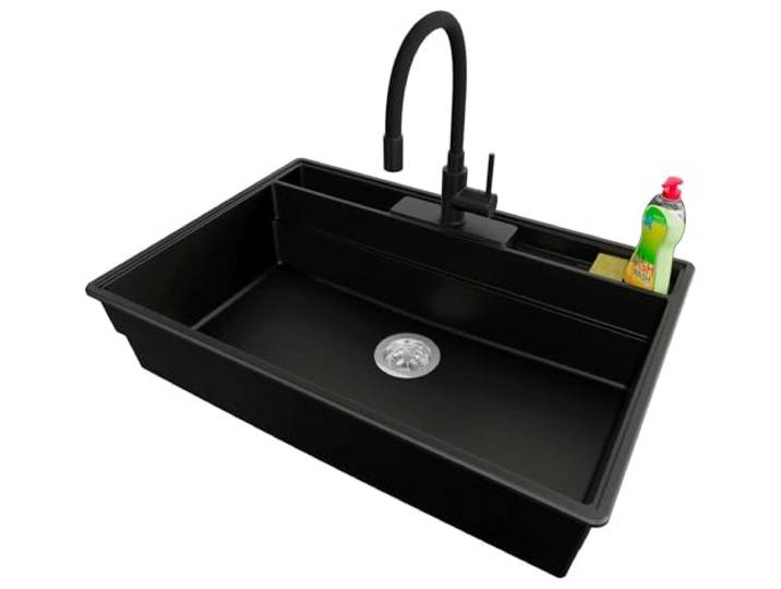 PRIMAGRAN Granitspüle ab 80er Unterschrank + Küchenarmatur, 78x53cm Set: Küchenarmatur BW6020 + Ablauf-Set + Spülbecken 1 Becken - New York Multispace, Schwarz