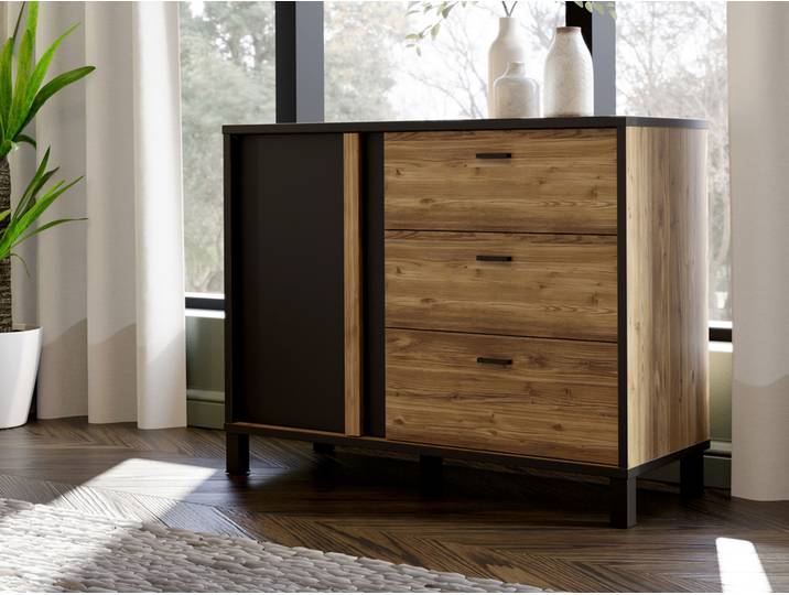 Commode 1 porte et 3 tiroirs Hayato chambre à coucher Chene Riviera/noir - Basika