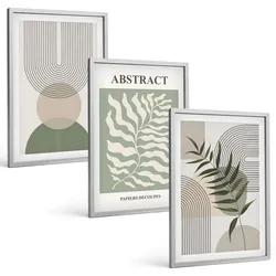 BILDER SET 3er Set - 40x60 cm Silberner Rahmen - Botanische Boho-Abstraktionen