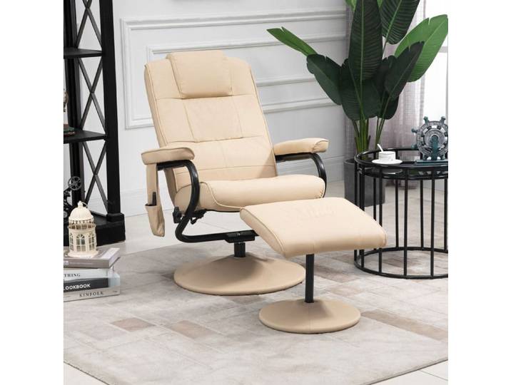Fauteuil relax massant pivotant 360° avec repose-pieds simili cuir blanc crème télécommande