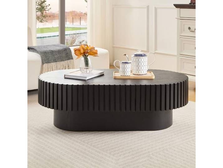 Oval Fluted Coffee Table, Modern Minimalist Center Table with Solid Wood Stripe Accent, MDF with Wood Veneer Construction, Contemporary Accent Table for Living Room, Bedroom, and Office (schwarz)