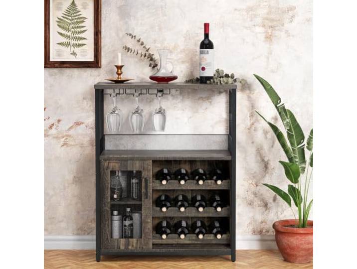 GarveeMore Barschrank 70x35x92 cm, Feuerrot, Glashalter, Küche Verstellbares Flaschenregal, Gittertür, Stauraum, für Esszimmer und Barbereich, standsicher, pflegeleicht, montagefreundlich