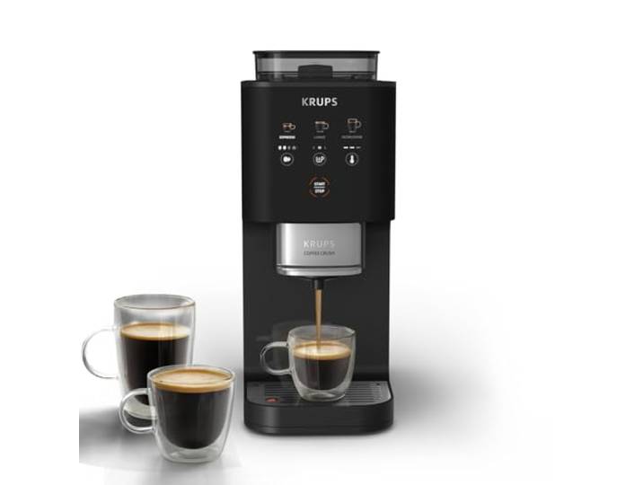 KRUPS Coffee Crush Extra Kaffeevollautomat, nur 15 cm breit, Schwarz Edelstahlmühle für frisch gemahlenen Kaffee, smartes Bedienfeld, auch für vorgemahlenen Kaffee, einfache Reinigung, SA4028E0