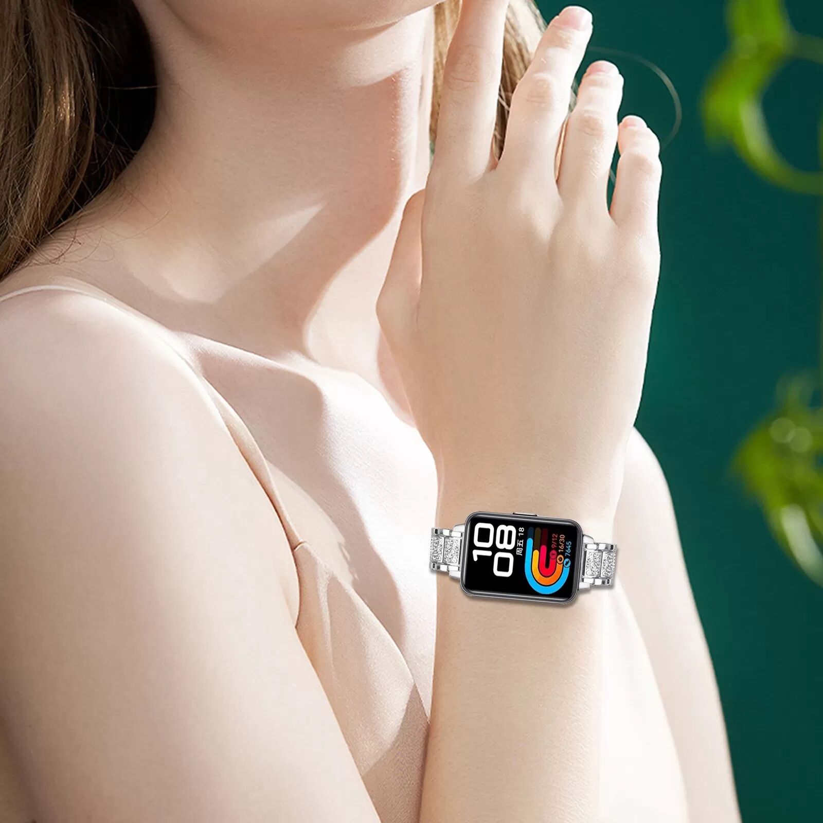 INF Bracelet de montre fin en acier inoxydable avec diamants compatible avec Huawei Band 8/9/10 Argent