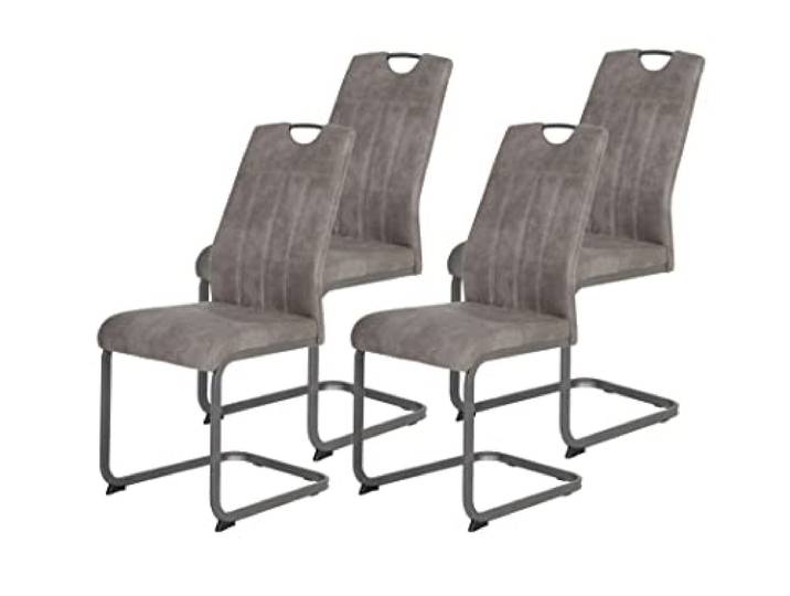 Hela Tische, 4er Set Esszimmerstuhl, Schwingstuhl CHRISTINA, Microfaser Vintage-Optik Grau, Metallgestell Grau, Lehne mit Griff