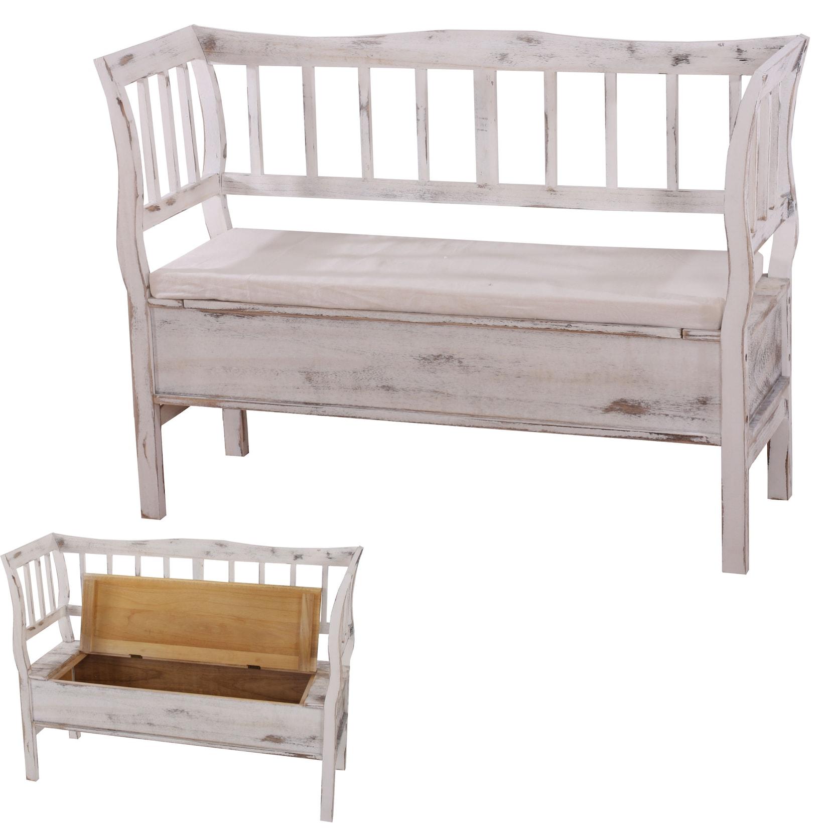 Sitzbank H207, Bank Truhenbank Holzbank Aufbewahrungstruhe, Staufach Kissen Holz 119cm ~ weiß, shabby