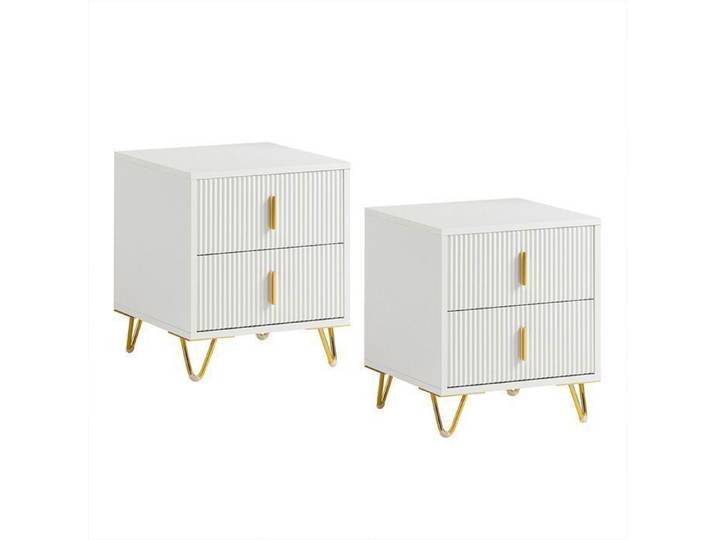 SoBuy Lot de 2 Table de Chevet avec 2 tiroirs et Pieds en métal doré Table de Nuit Moderne Blanc 40x40x47 cm
