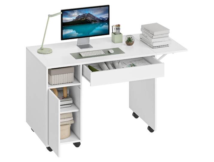 HOMCOM Rollbarer Computertisch klappbarer Schreibtisch mit Schrank und Schublade