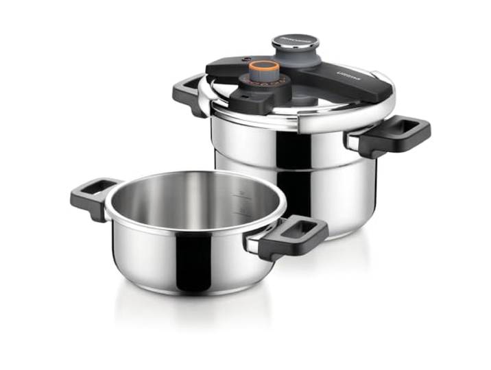 Tescoma ULTIMA DUO Schnellkochtopf 2 Stück 4 und 6 Liter, Einhandbedienung mit intuitiver Druckeinstellung und Druckanzeige, 4-fache Sicherheit, Induktion geeignet, inklusive Dampfsieb