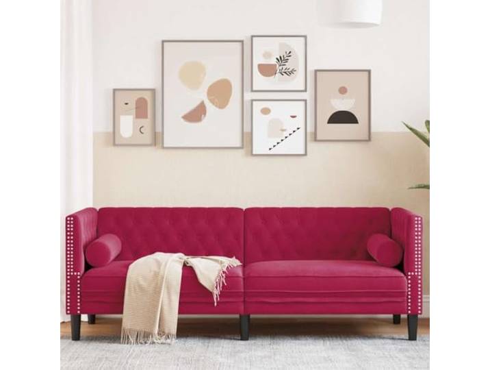 HEFZGDB Chesterfield-Sofa mit Nackenrollen 3-Sitzer Weinrot Samt Polsterstoff Wohnzimmer Sitzmöbel Bequem Entspannen Klassische Knopfheftung Stabile Beine