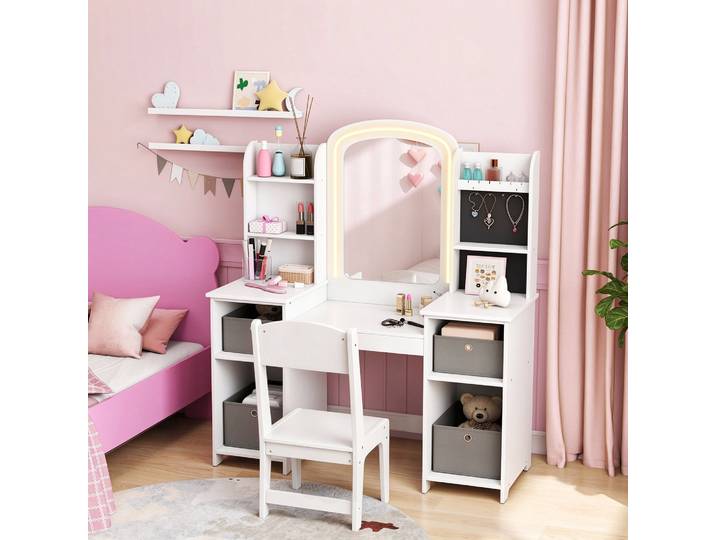 AIYAPLAY Coiffeuse Enfant avec Tabouret et Miroir LED Blanc