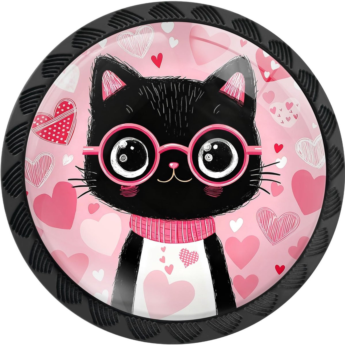 Set van 4 ronde knoppen met zwart kat en roze hart ontwerp