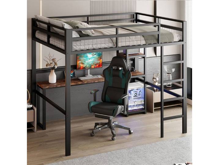 Lit Mezzanine Métal - MERAX - 140x200 - Bureau Intégré - Prise USB & Type-C - Noir