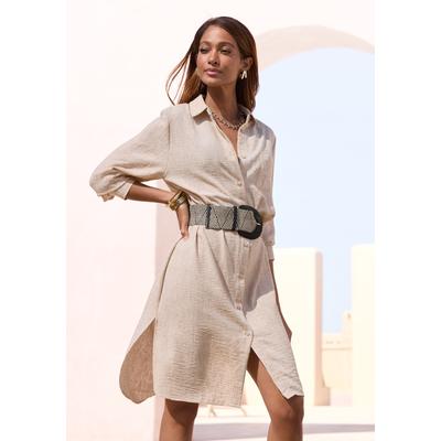 Longbluse BUFFALO, Damen, Gr. 46, beige (beige meliert), Web, Obermaterial: 100% Polyester, meliert, figurumspielend kniefrei, Rundhals, 1-Knopf-Manschette, Blusen Longbluse, luftiges Strandkleid, Sommerkleid aus sommerlich leichter Qualität