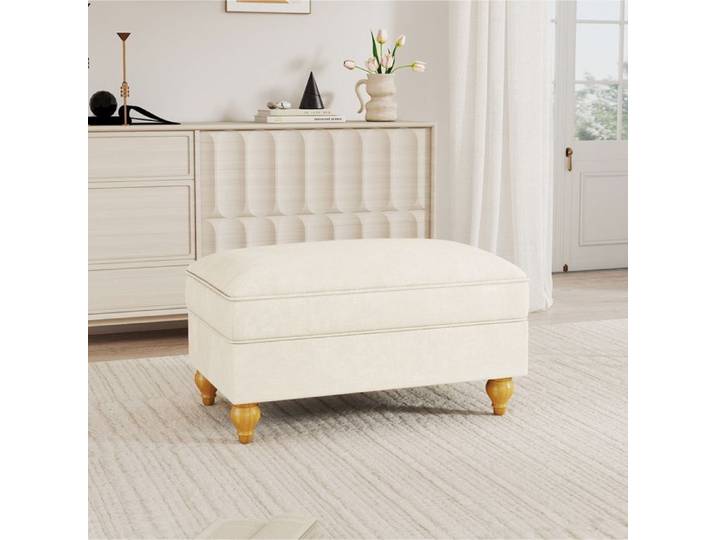 Tabouret en chenille - Blanc - Tissu chenille doux - Design avec jupe plissée amovible - Dimensions 90x56.5x49 cm
