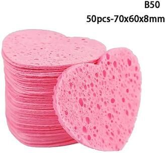 Uplift Picks Heart Cellulose Facial Sponge Puffs For Cleansing And Makeup Removal 70x60x8mm (50 Pcs)