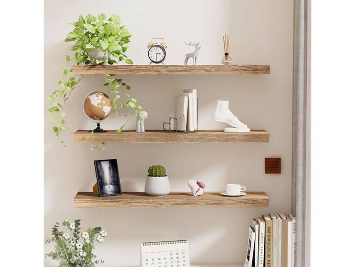 Lot de 3 étagères flottantes murales décoratives - bois massif 60 x 20 cm - supports invisibles acier inoxydable
