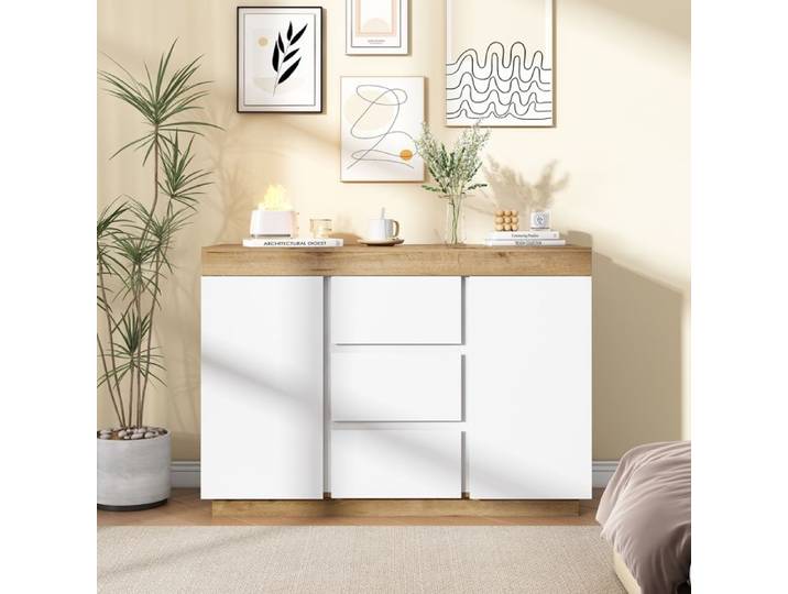 Buffet Salon Elégant 2 Portes 3 Tiroirs Casier Armoire Commode Chambre Classique Blanc et Bois 120.5x40x82.5cm