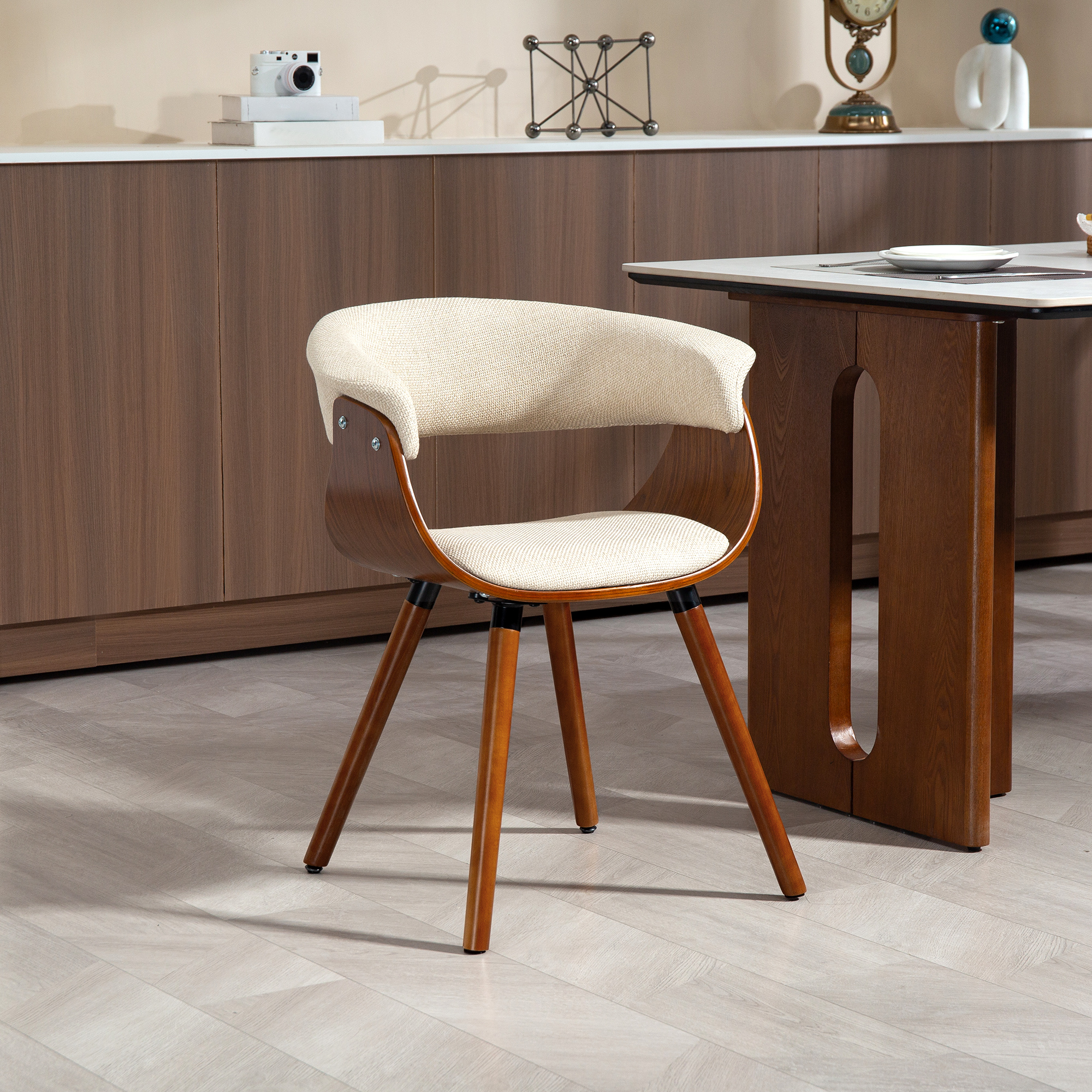 Homcom Sedia da pranzo, tessuto effetto lino, schienale curvo, gambe in legno, Beige   Aosom Italy