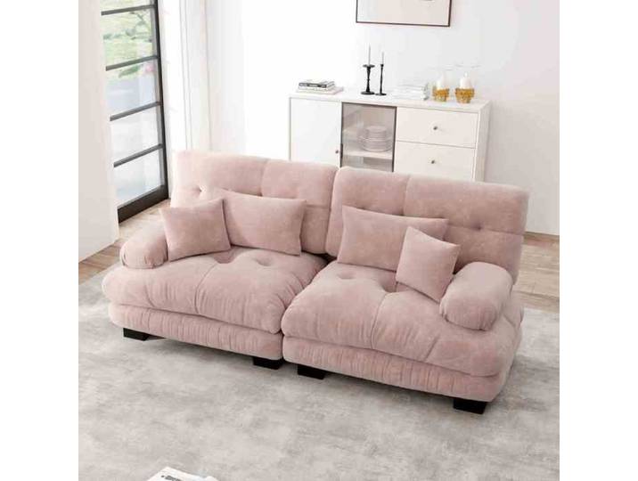 Canapé d'angle - HIBA - Nuageux - Chenille rose clair - Cadre bois massif - Design modulaire