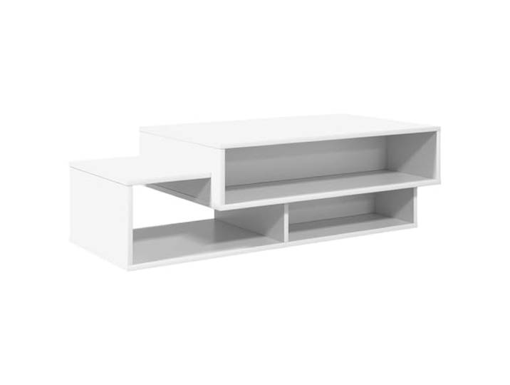 XHNIFBN Couchtisch Weiß 105x50x32,5 cm Holzwerkstoff mit 3 Regalen Flacher Wohnzimmertisch in schlichtem Weiß bietet 3 offene Fächer für Bücher, Zeitschriften und Deko im Wohnbereich.