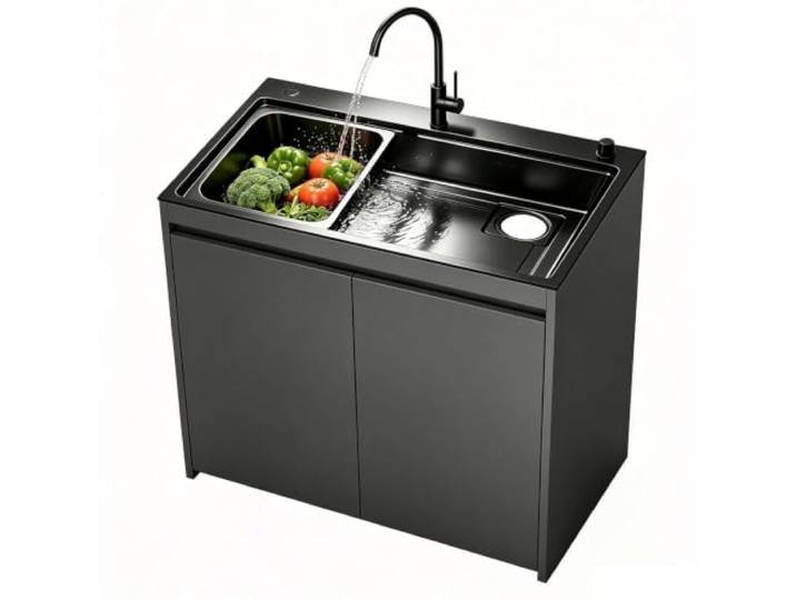 Freistehende Küchenspüle mit Wabenschrank Beinhaltet Spüle aus Edelstahl 304, Wabenschrank, Schüssel-in-Schüssel, U-Siphon sowie Warm(Gray,68cm/26.8in)