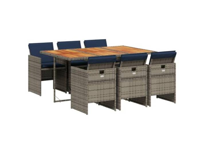 PUGYNBK Esszimmer-Set für den Außenbereich, 7-teilig, Polyrattan, Grau Klappstühle, Kissen mit abnehmbarem Bezug, Tisch aus Akazienholz, kompakte Aufbewahrung