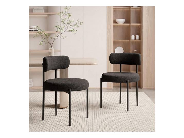 LuxusKollektion Esszimmerstuhl Esszimmerstühle Teddystoff Boucle MidCentury 2er Set Schwarz