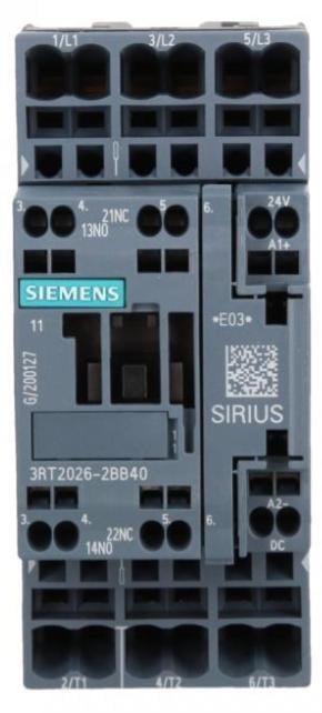 Siemens 3RT20262BB40 Contactor, AC-3, 11 kW / 400V, 1 NO + 1 NC, 24V DC, 3 Polen, S0
