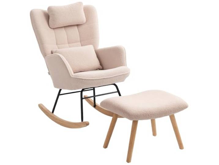 HOMCOM Schaukelstuhl mit Hocker Gepolstert mit Lendenkissen Beige Schaukelsessel, Schwingsessel, Kopfstütze, Relaxsessel, Fleece-Bezug, Hoher Rückenlehne, Schwingstuhl, für Wohnzimmer