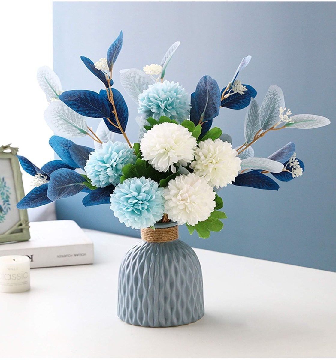 SnelShoppen Kunstbloemen Hortensia met Keramische Vaas in Blauw en Zwart