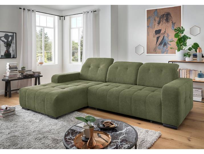 Ecksofa mit Sitztiefenverstellung Grün Webstoff Jimin 290 x 102 x 185cm Longchair davorstehend links Modern