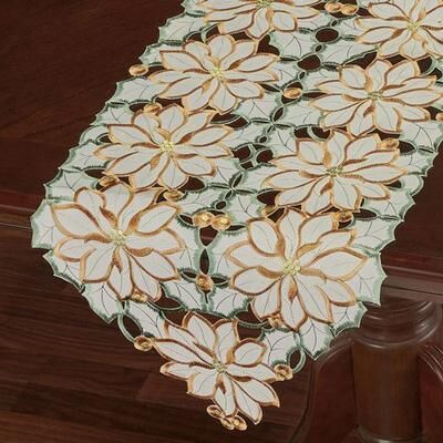 Touch of Class Winter Poinsettia Cutwork Table Runner Ivory, 16 x 86, Ivory