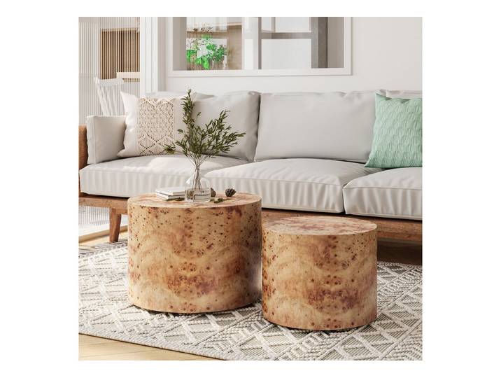 Sunsitt Couchtisch 2er-Set Runde Nist-Couchtische (Moderne Runde Holztische, für Kleine Räume, Wohnzimmer, Schlafzimmer, Balkon & Büro), Trommel-Beistelltisch Natur-Burl