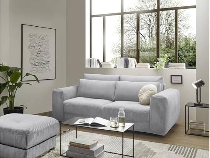 Big Sofa BARURA Cord hellgrau – Kompakte Couch mit gemütlicher Liegefläche, modernes Sofa 214x112 cm, inklusive Kissen