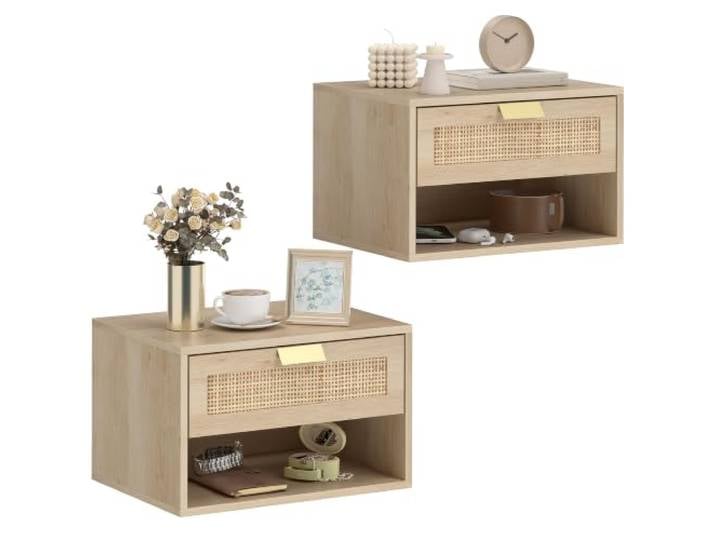 HOMCOM Schwebender Nachttisch Wandmontage mit Schublade 2er-Set Eiche Offenes Regal, Nordischer Nachttisch, für Schlafzimmer