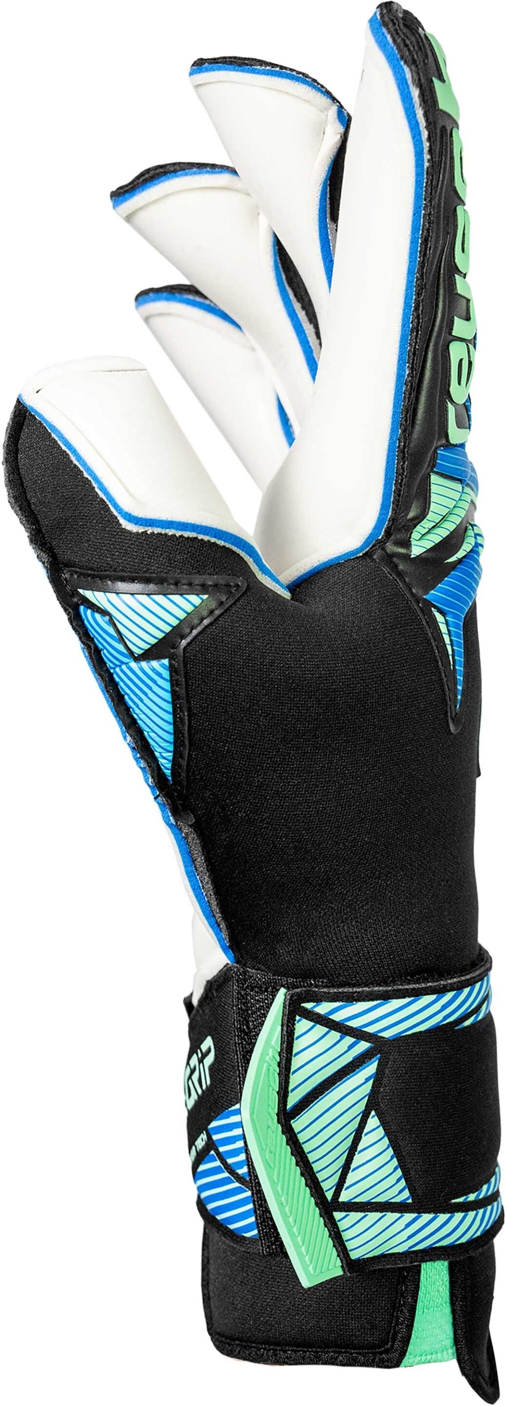 Torwarthandschuhe REUSCH "Attrakt RE:GRIP Evolution", Damen, Gr. 8,5, schwarz (schwarz, hellblau), Materialmix, 38% Polyester, 7% Lederimitat, 5% Polyamid, Handschuhe, mit innovativer RE:GRIP-Technologie