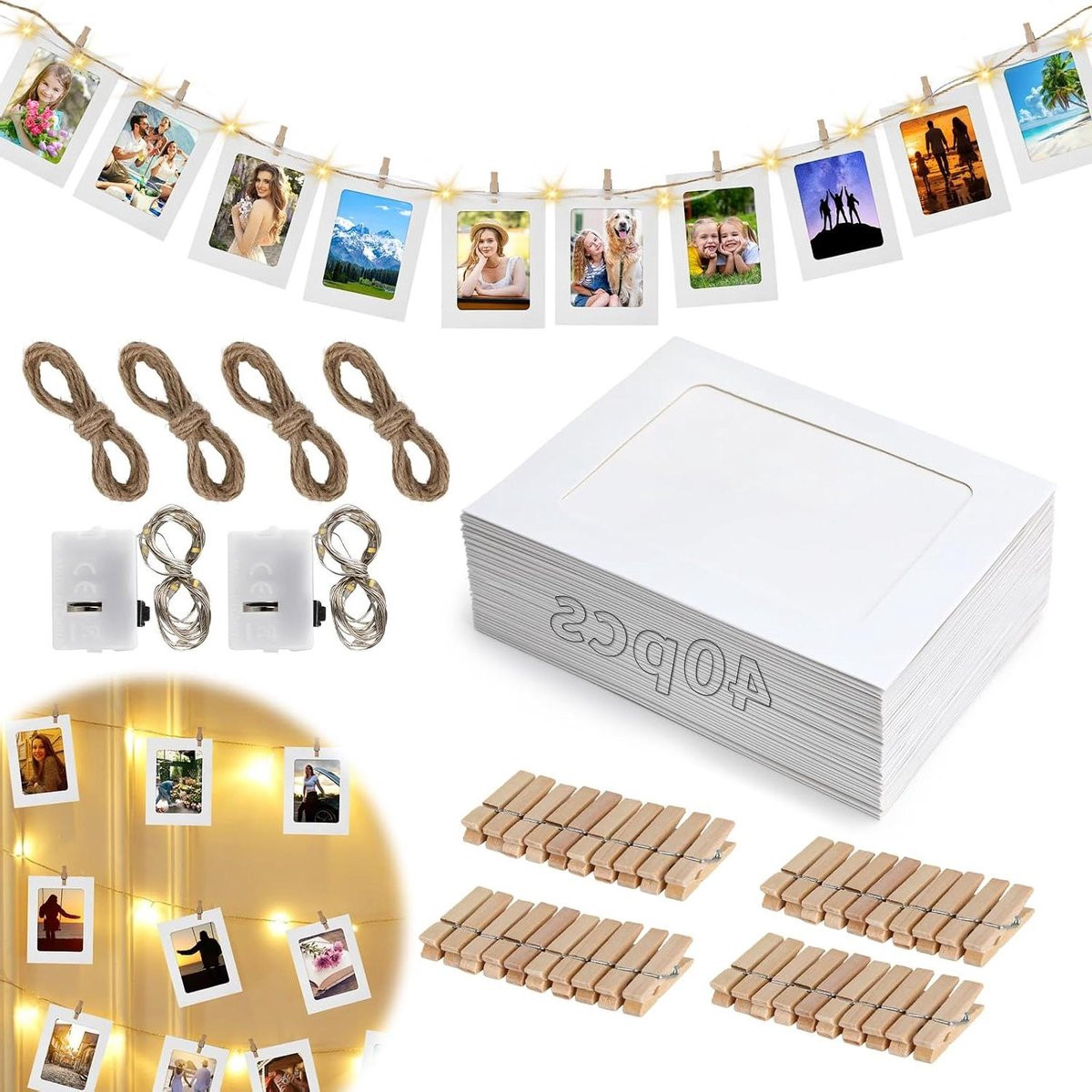 Fotoguirlande met klemmen en lichtjes voor fotowand decoratie - 40 stuks - Wit