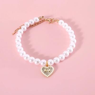 Inspired Finds Princess Pearl Cherry Bow Pet Necklace Collar For Cats & Small Dogs white m
