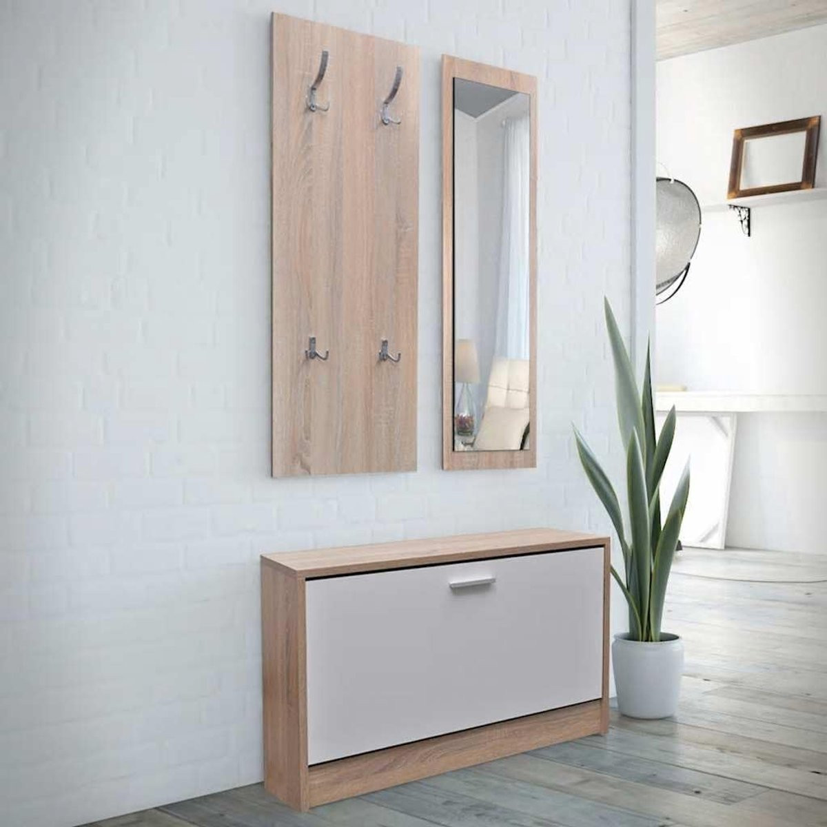 Garderobe Set 3-in-1 Meubel met Spiegel en Kapstok - Bruin - Breedte: 80 cm