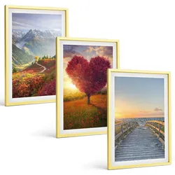 BILDER SET 3er Set - 40x60 cm Goldrahmen - Landschaften Berge Baum Herz Pier