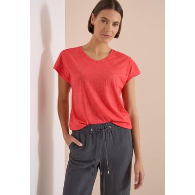T-Shirt CECIL, Damen, Gr. S (38), rot (coral), Web, 50% Baumwolle, 50% Polyester, geblümt, normal normal, V-Ausschnitt, abgesteppt, Shirts T-Shirt, im soften Baumwoll-Mix