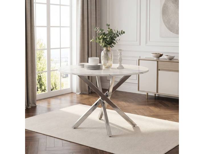 Table à manger ronde moderne - 80 cm - Plateau aspect marbre - Pieds argent galvanisés - Design minimaliste